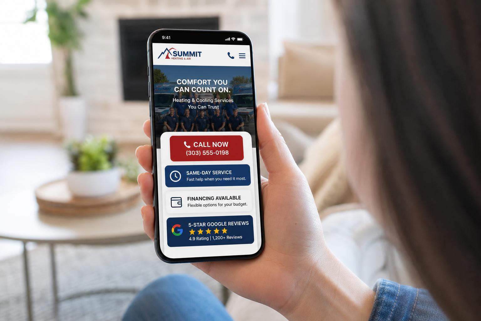 A homeowner reviewing a modern HVAC website on a phone with a visible Call Now button, same day service badge, financing option, and Google reviews