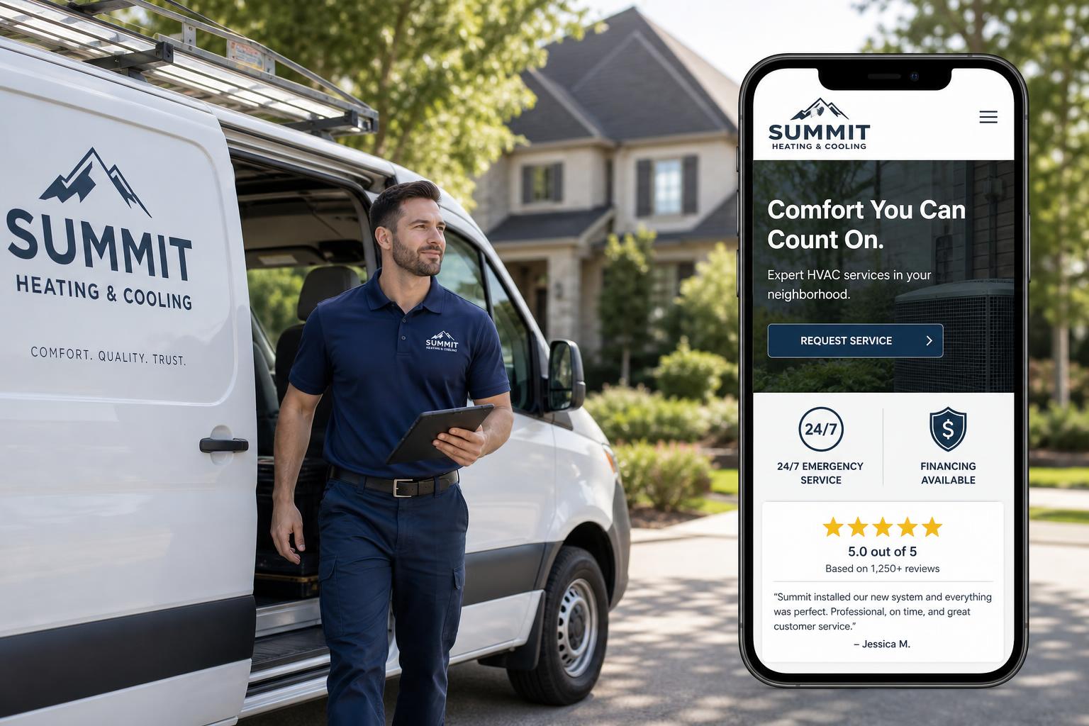 HVAC technician stepping out of a clean service van in front of a modern home, with a smartphone showing a conversion focused HVAC website