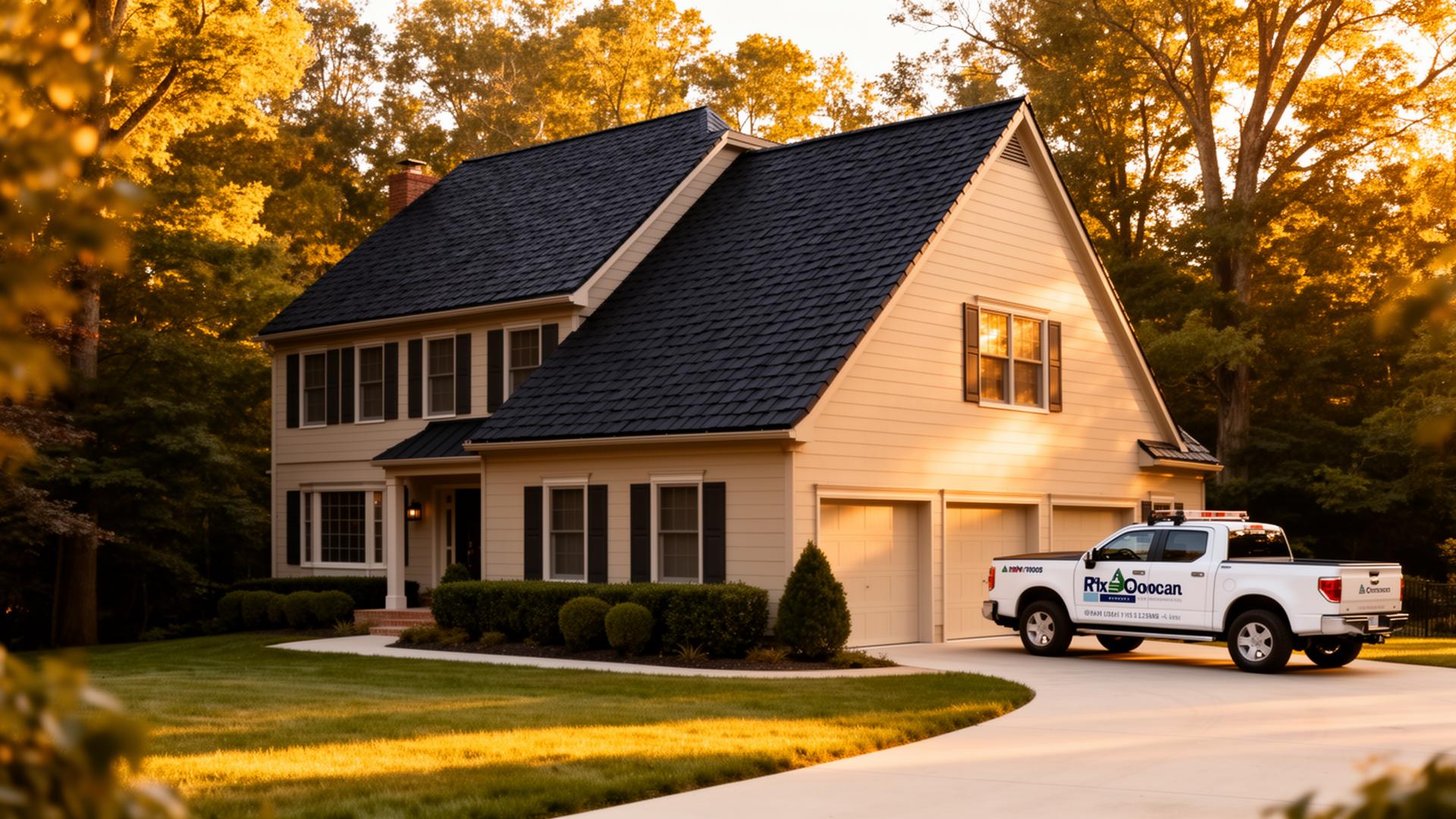 Newly installed roof on a modern Maryland home at golden hour