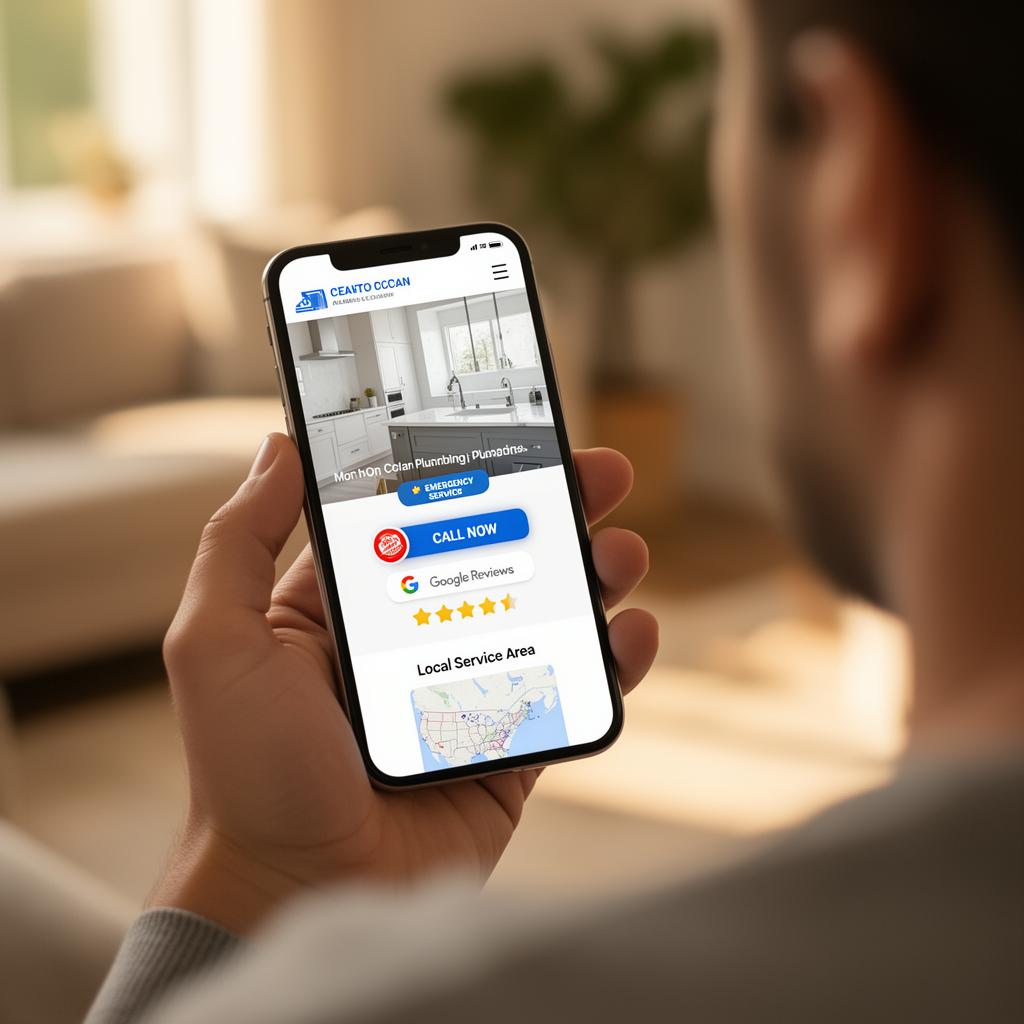 Homeowner reviewing a modern plumbing website on a phone with a visible Call Now button, emergency service badge, Google reviews, and local service area
