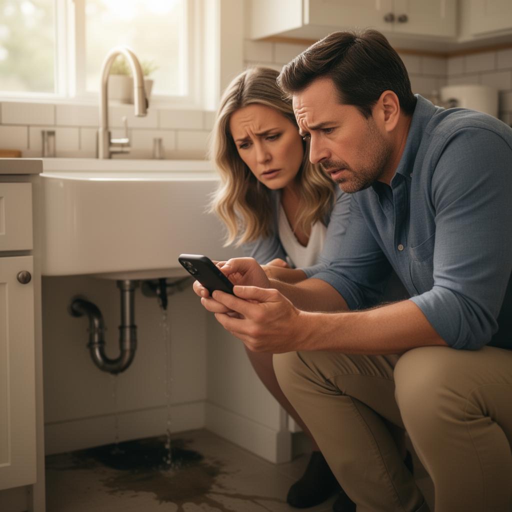 Homeowner couple in a kitchen looking at a phone together after discovering a leak under the sink