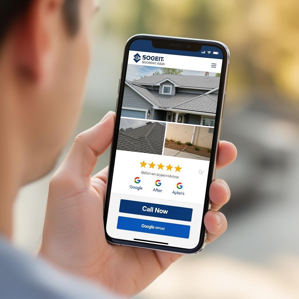 A homeowner reviewing a modern roofing website on a phone with a visible Call Now button, Google reviews, and before and after project photos