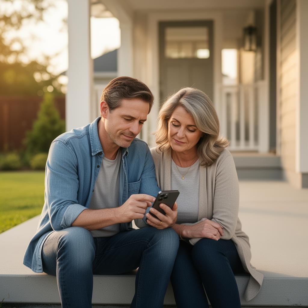 A homeowner couple sitting on their front porch reviewing a roofing company on a phone together